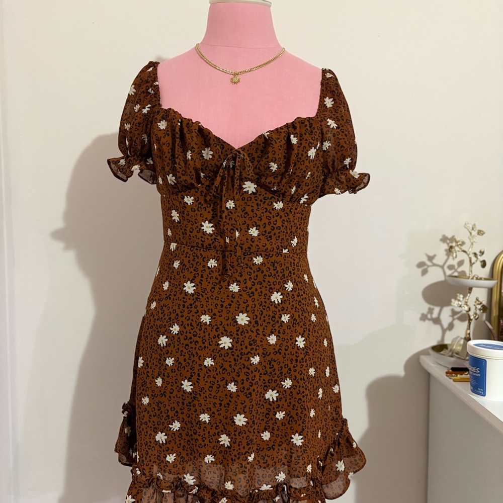 B. Smart Brown Floral Ruffle Mini Dress